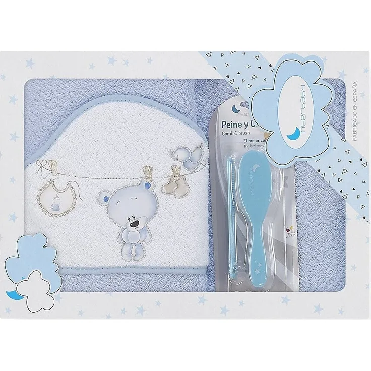 Interbaby P1182-01 Baby Kapuzenbadetuch TENDEDERO OSO blau mit Kamm und Bürste, Blau