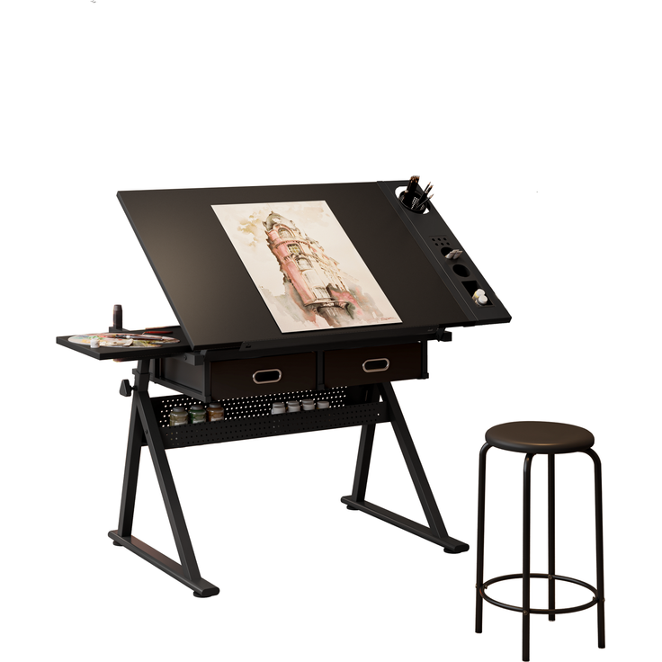 Zeichentisch mit neigbarer MDF-Platte, 2 Schubladen & Hocker, höhenverstellbar, 98x60x91 cm, Schwarz – Bild 2