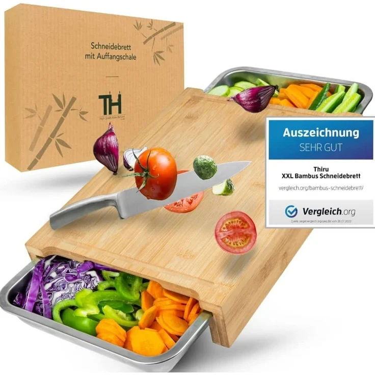 Thiru Schneidebrett Premium Schneidebrett mit Auffangschalen Bambus - Tranchierbrett groß, Bambus, Handarbeit – Bild 5