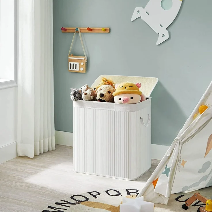 Songmics Wäschekorb mit 3 Fächern, Bambus Weiß, 150L / 60 x 40 x 61,5 cm – Bild 3