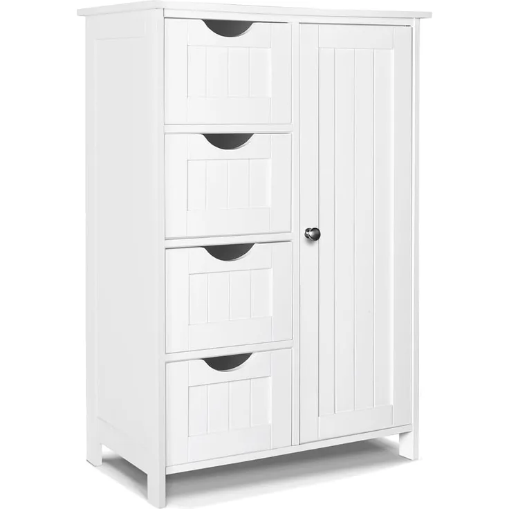 VOUNOT Badezimmerschrank, Badschrank, Beistellschrank mit 4 Schubladen, Schranktür & verstellbaren Ablagen für Badezimmer Wohnzimmer Küche Schlafzimmer 30 x 55 x 82 cm Weiß