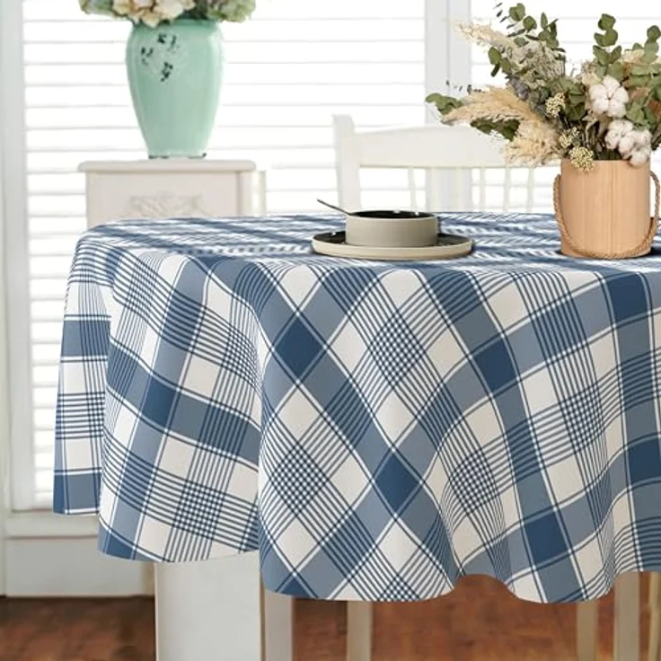 Yighty Buffalo Plaid ovale Tischdecke 152,4x213,3 cm, blau-weiß, rustikal im Landhausstil. Wasserdicht, Polyester, ideal für Bauernhaus, Küche, drinnen & draußen, Partys und Picknicks – Bild 3