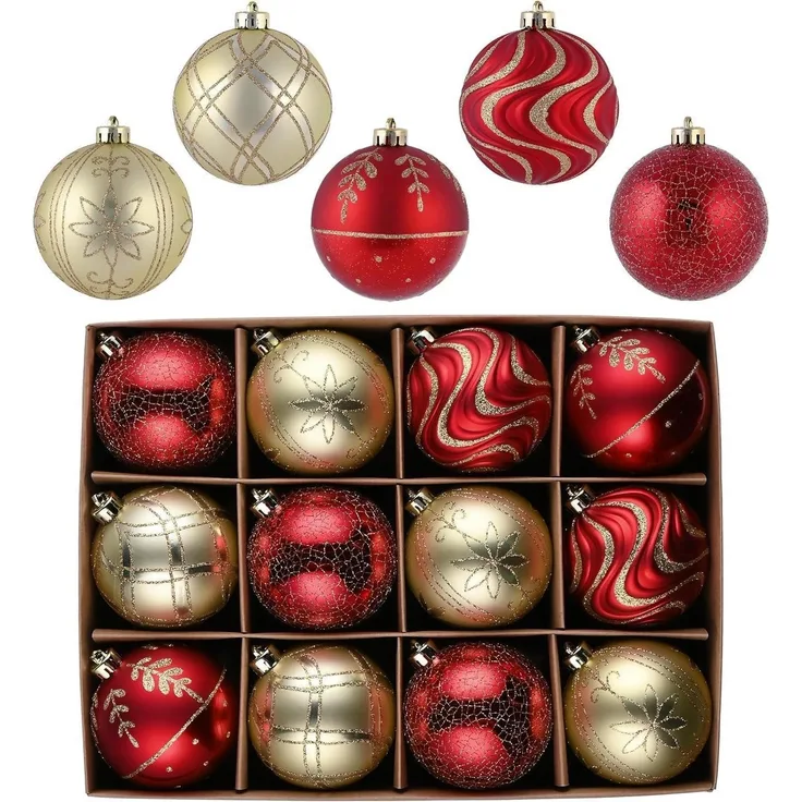 Valery Madelyn Weihnachtskugeln 12 Stück 8cm Rot Gold Geschenkbox