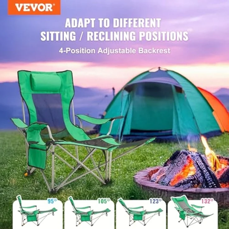 VEVOR Campingstuhl 150 kg, Campingliege, 4-Fach belastbarer Gartenstuhl mit Fußstütze, Getränkehalter, Seitentasche und Kopfstütze, Klappstuhl für Camping, Angeln und Outdoor-Aktivitäten, Grün – Bild 4