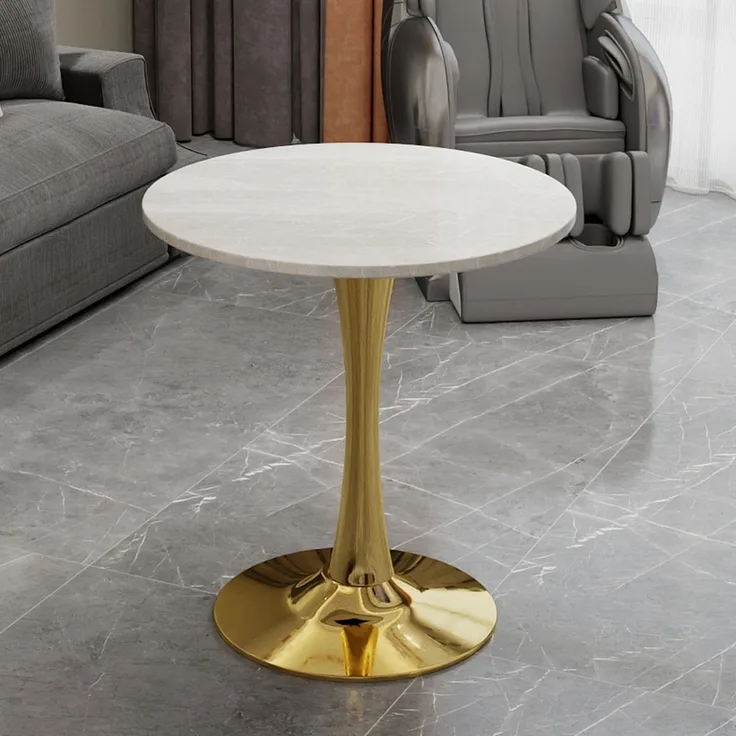 Novelux Runder Kaffeetisch Gold 70cm, Marmortisch Rund Weiß, Mid-Century Modern Esstisch für 2-4 Personen, Platzsparender Wohnzimmertisch