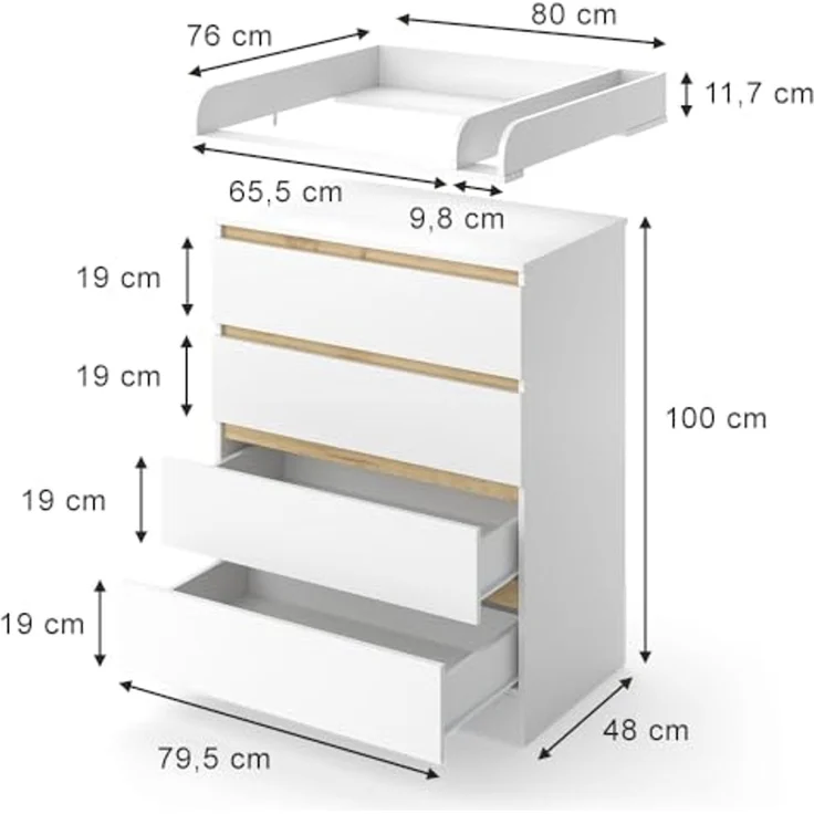 Wickelkommode Emmi Weiß/Goldkraft Eiche 80x111.7 cm mit 4 Schubladen Vitalispa – Bild 2