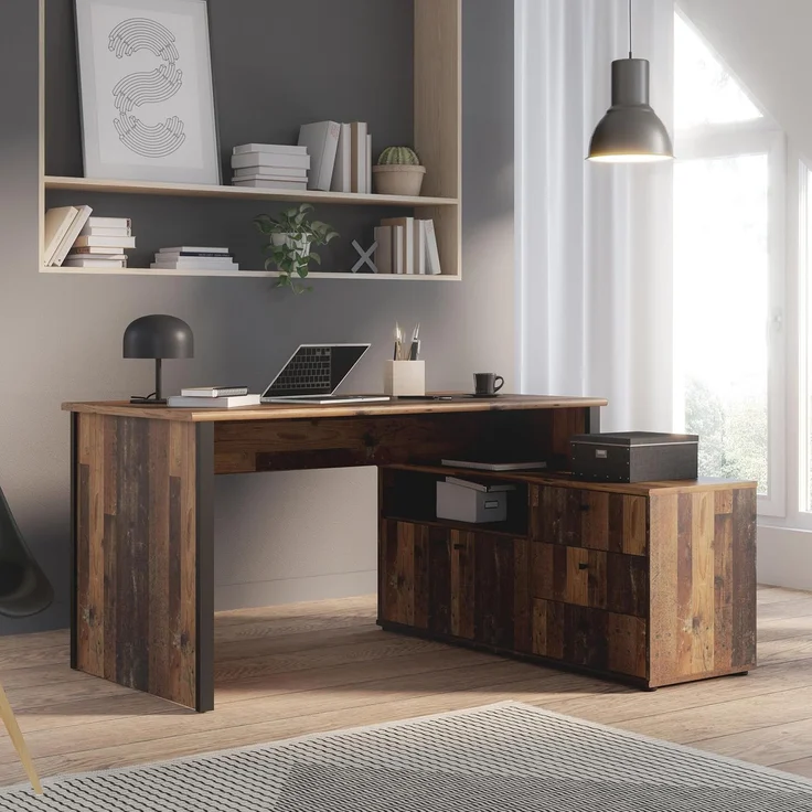 Forte Schreibtisch TEMPRA 2 - Büro in Old Wood Vintage (H51)-Schwarz (Z13)