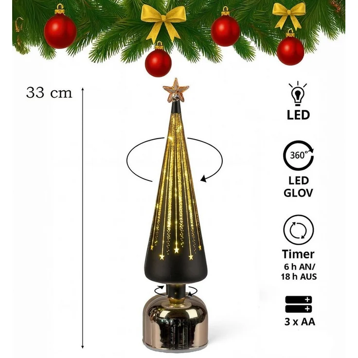 formano LED Weihnachtsbaum drehend Baum 38cm schwarz-gold aus Farbglas mit Timer & Sternlicht – moderne LED Deko mit 360° Bewegung – batteriebetrieben für Weihnachten & festliche Ambientbeleuchtung – Bild 2
