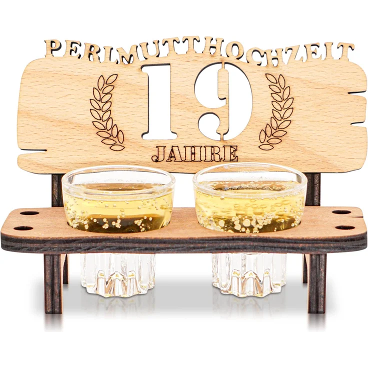 DARO Design - Schnapsbank 19. Hochzeitstag Perlmutthochzeit Geschenk Deko für Paare Männer Frauen aus Holz mit Gläsern