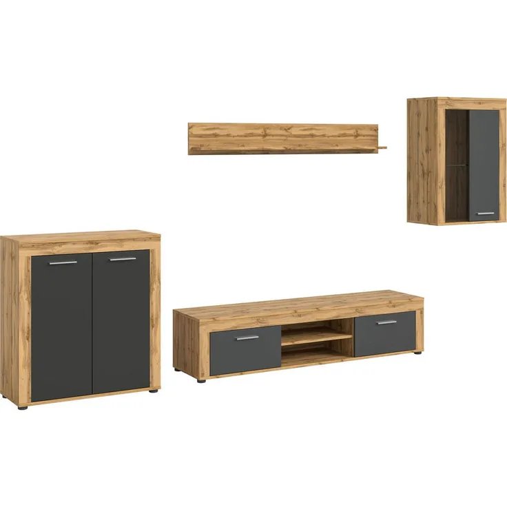 Xonox Wohnwand, Grau, Holzwerkstoff, 330x169x35 cm, moderne Wohnkombination mit offenen Fächern, FSC®-zertifiziert