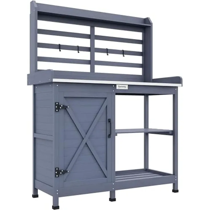 Outsunny Pflanztisch Holztisch mit Schrank, Blumentisch mit Arbeitsplatte 2 Ablagen 4 Haken (Gartentisch, 1-St, Gärtnertisch), für Garten, Grau, 112 x 47 x 146cm