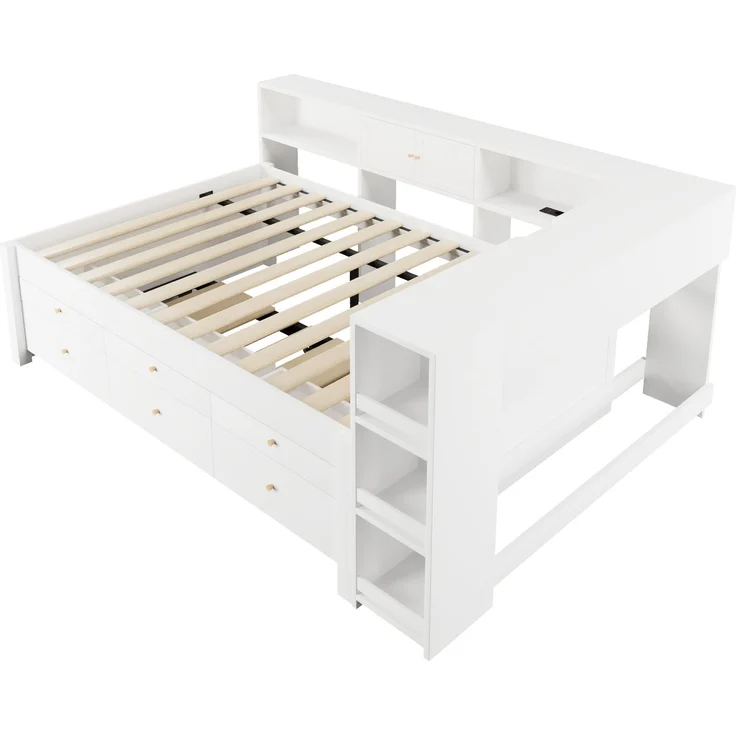 Stauraumbett 140x200 cm mit 3 Schubladen, ausziehbarem Gästebett und USB-Anschluss – Weiß (ohne Matratze) – Bild 7