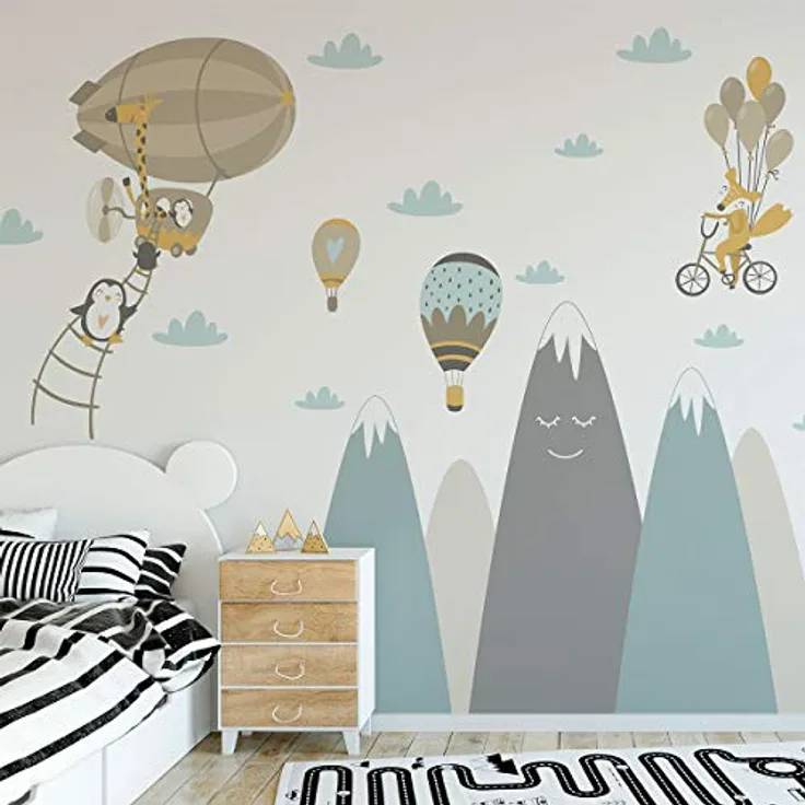 Wandaufkleber, selbstklebend, für Kinder, Riesen-Dekoration, skandinavische Berge für Kinderzimmer, Baby/fliegende Tiere, 65 x 120 cm