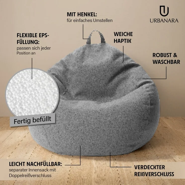 URBANARA Sitzsack 185l grau Basic-Comfort – Bild 2