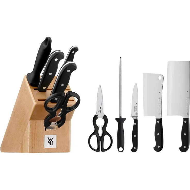 WMF Spitzenklasse Plus Asia Messerblock mit Messerset, 6-teilig, 3 Messer geschmiedet, 1 Schere, 1 Wetzstahl, 1 Block aus Buchenholz, Performance Cut