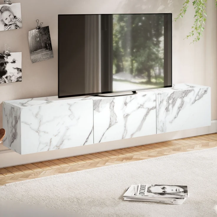FINEBUY Lowboard FB58627 (Marmor-Optik Weiß 120x30x30 cm mit zwei Türen), TV-Kommode Hoch, TV-Schrank Modern, Fernsehtisch – Bild 1