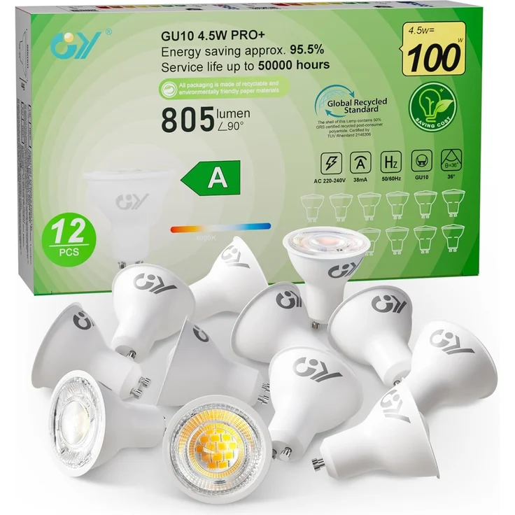 GY GU10 LED Neutralweiss Lampe,4,5W 4000K 805 Lumen Neutralweiß Glühbirnen,Ersetzt 100W Leuchtmittel,36° Abstrahlwinkel Spot Strahler,Enegiesparende GU10 Nicht Dimmbar Reflektor Lampen,12stück