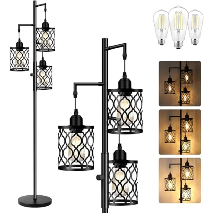 ROTTOGOON dimmbare 3-flammige Landhaus-Standleuchte 172cm - Industrielle Stehlampe mit 3x6W LED für Wohnzimmer, Schlafzimmer & Büro - Rustikale Stehleuchte, Schwarz
