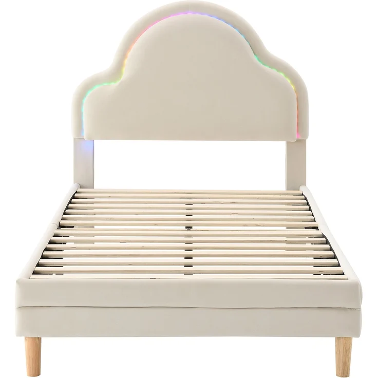 U-life Polsterbett 90x200 cm, Einzelbett und Kinderbett, mit wolkenförmigem Kopfteil, LED-Lichtleiste und Samtbezug, Beige – Bild 6