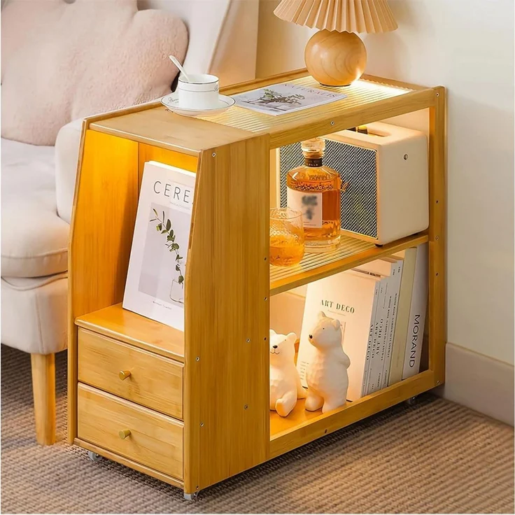 TUWENA Beistelltisch Beistelltisch mit Rollen, Couchtisch Schublade, Nachttisch Stubentisch, Bambus Sofatisch für Wohnzimmer, Schlafzimmer, Balkon, 70x30x60 cm – Bild 1