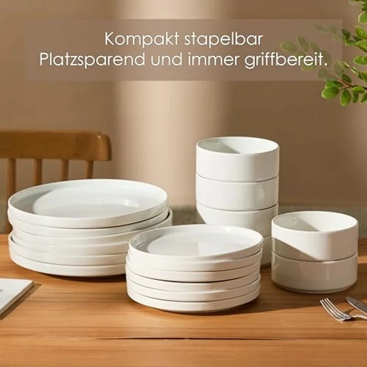 JIWOO Geschirr-Set 18er Tafelservice TellerSet Kombiservice Schüssel Speiseteller Set (18-tlg), 6 Personen, Keramik, Hochwertiges Keramik Geschirr Set Weiß Mikrowellen spülmaschinenfest – Bild 5