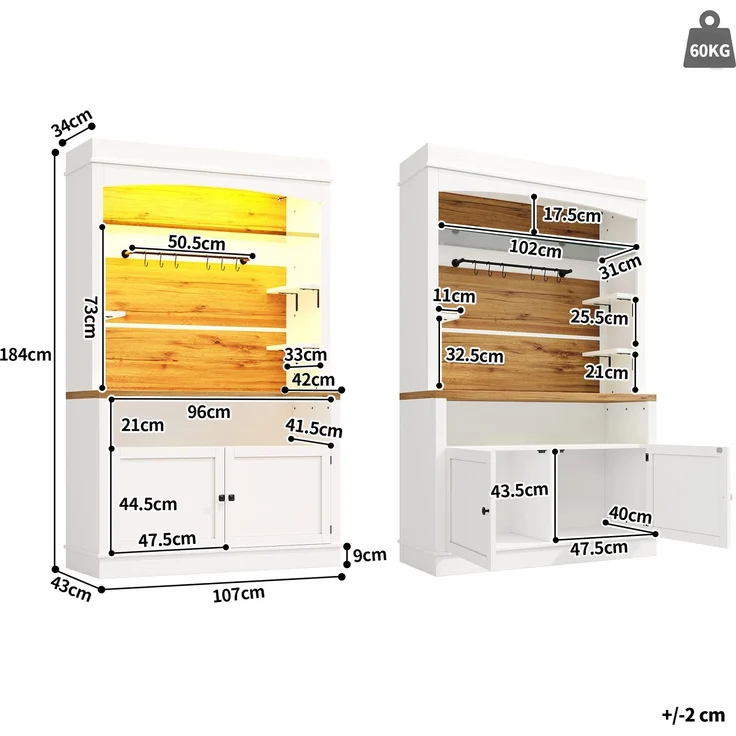 EINHOM Set mit 2 Hochschränken mit LED-Beleuchtung, 184 cm hoher Buffetschrank mit Glasregal & Hakenleiste, Weiß, Belastbar bis 60kg – Bild 2