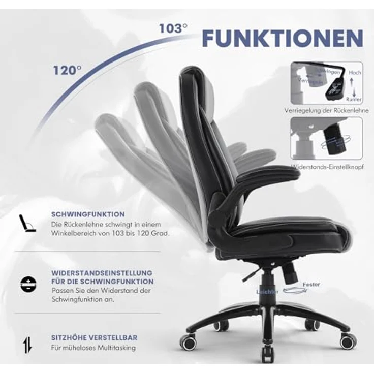 COLAMY Ergonomischer Bürostuhl, Office Bürostuhl Ergonomisch, 360° Drehung Chefsessel Schreibtischstuhl mit Hochklappbaren Armlehnen, Verstellbarer Rückenlehne, Höhe & Kippspannung, Schwarz – Bild 6