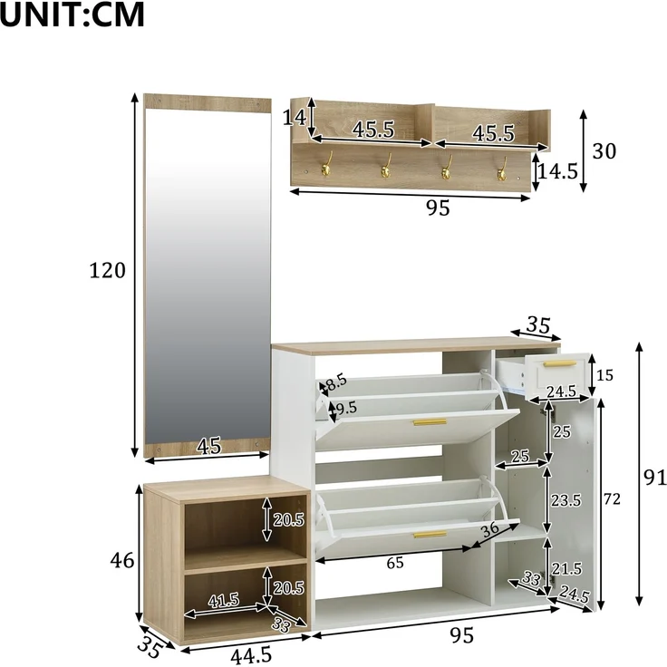 4-teiliges Garderoben-Set – mit Schuhschrank, Sitzbank, Wandgarderobe & Spiegel, komplettes Flurmöbel-Set für Diele und Eingangsbereich, Maße: B139.5 x T35 x H166 cm--Natur + Weiß--130x30x174cm--YOUDENOVA – Bild 2