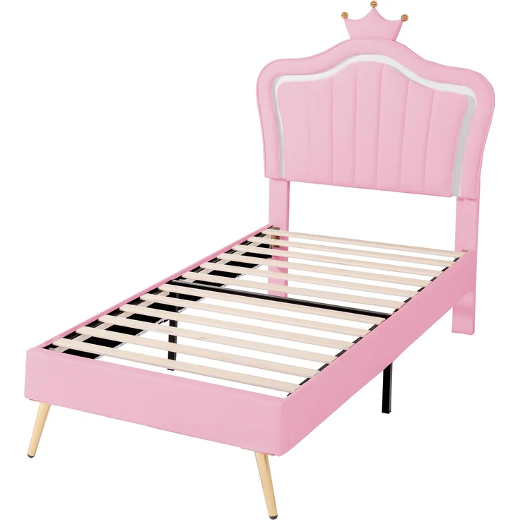 Bett 90x200 cm aus PU-Kunstleder mit LED-Leiste und verstellbarem Kopfteil – kindgerechtes Design in Pink – Bild 7