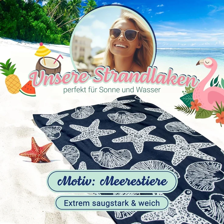 ZOLLNER Strandlaken, 100% Baumwolle, 90x180 cm, dunkelblau mit Meerestieren – Bild 4
