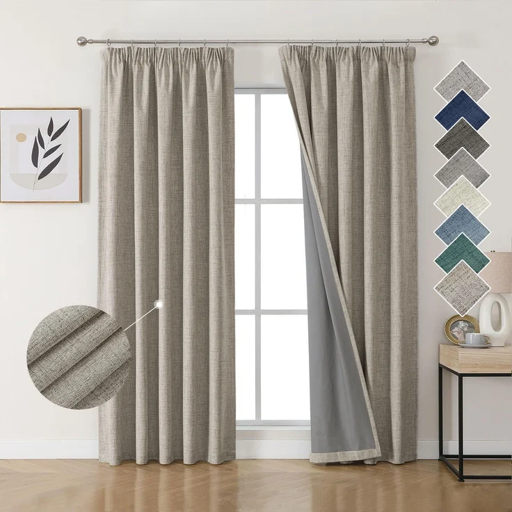 Joydeco 100% Verdunkelungsvorhänge Leinen Gardinen mit Kräuselband 2er Set H214xB132cm Leinen, Thermovorhang Kälteschutz Blickdicht Schallschutz Ideal für Wohnzimmer passt zu Schienensystemen