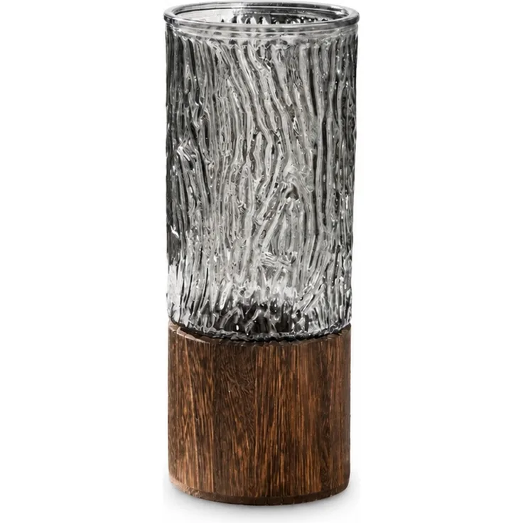 Glasvase mit Holzsockel Rauchgrau, 10 x 10 x 25 cm