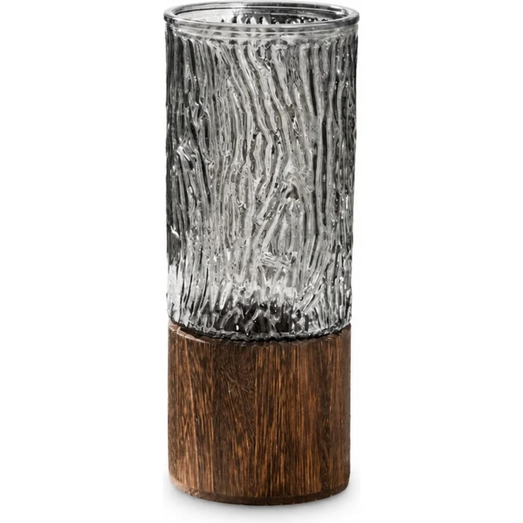 Glasvase mit Holzsockel Rauchgrau, 10 x 10 x 25 cm – Bild 1