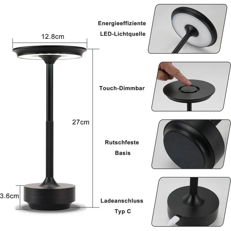 Nettlife LED Tischleuchte Nachttischlampe Kabellos Touch Dimmbar Tischlampe mit USB Aufladbar, Dimmbar, LED fest integriert, für Fensterbank Wohnzimmer Kinderzimmer Schlafzimmer – Bild 2