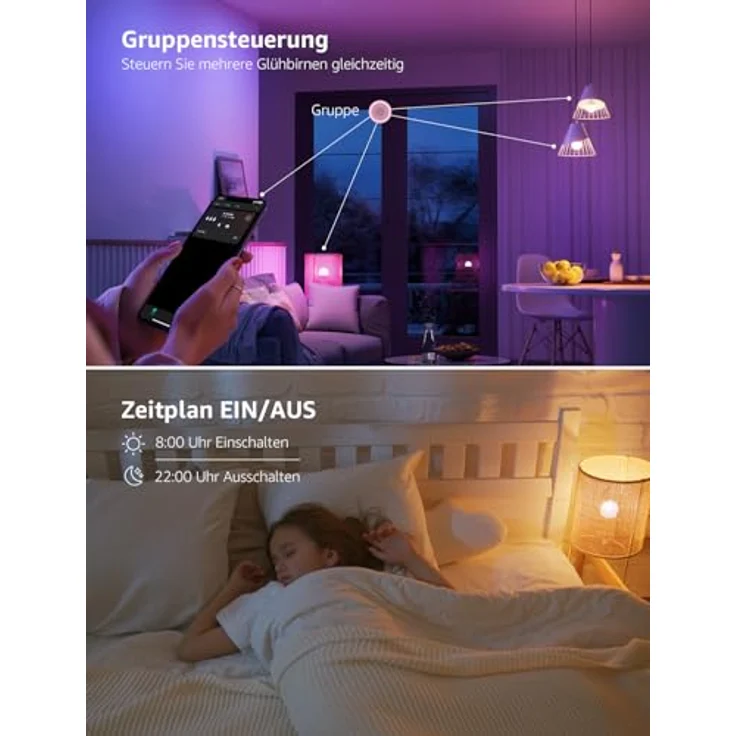Lepro AI Smart Glühbirne B1, E27 Lampe 8.5W 806lm Dimmbar, Personalisierter KI-Lichtdesigner, Sprachsteuerung/Musik Sync, WiFi & Bluetooth Smart Bulb, Kompatibel mit Alexa/Google Assistant, 2 Stück – Bild 10