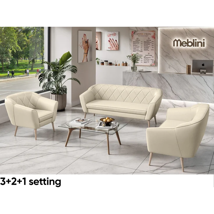 MEBLINI Sofa-Set GISELA 2+1 - Creme Kunstleder - für Wohnzimmer - Mini Lounge für drei Personen - Küchensofa - Sofa Klein - Sitzgarnitur - Polstergarnitur - Sofagarnituren – Bild 5