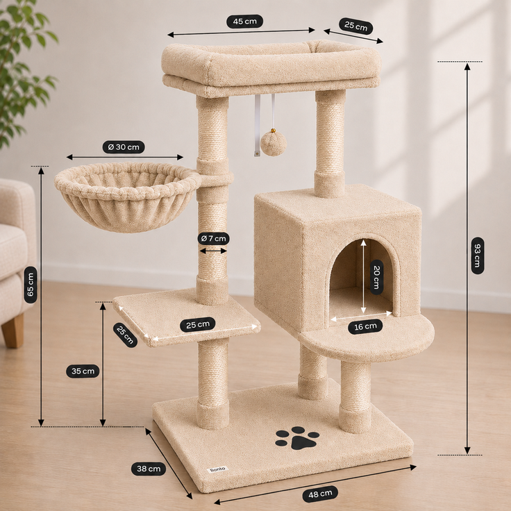 belviona Katzenkratzbaum 93 cm, mit Höhle, Liegemulde, Liegebett & Sisalstämmen, platzsparend, beige – Bild 4