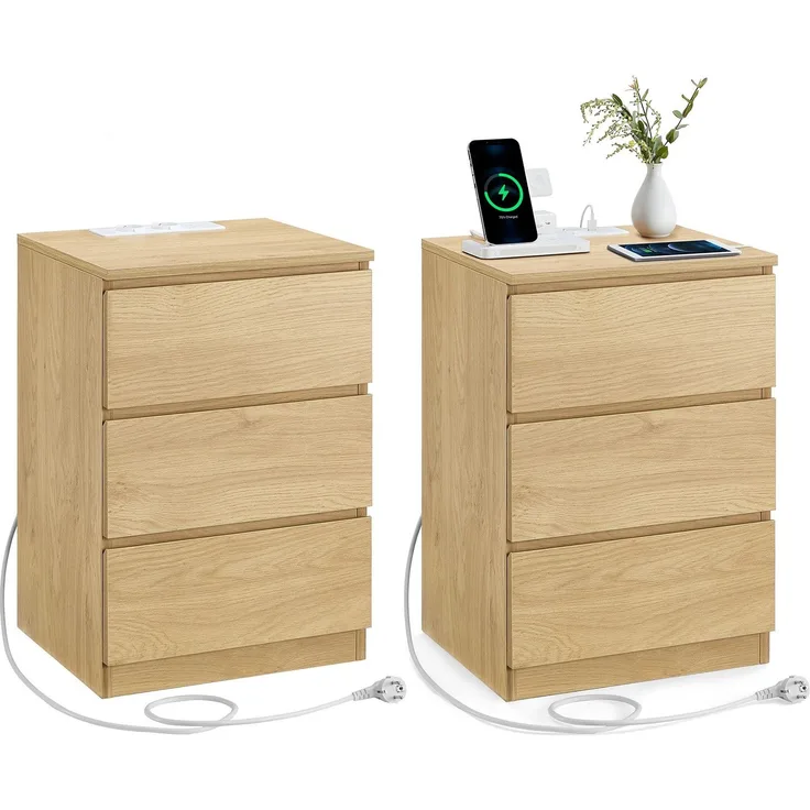 VASAGLE Nachttisch mit Steckdosenleiste, 2er Set, Beistelltisch, 3 Schubladen, 2 AC-Steckdosen, 2 USB-A-Anschlüsse, Wohnzimmer, Schlafzimmer, Arbeitszimmer, modern, strohgelb LETDE831Y70