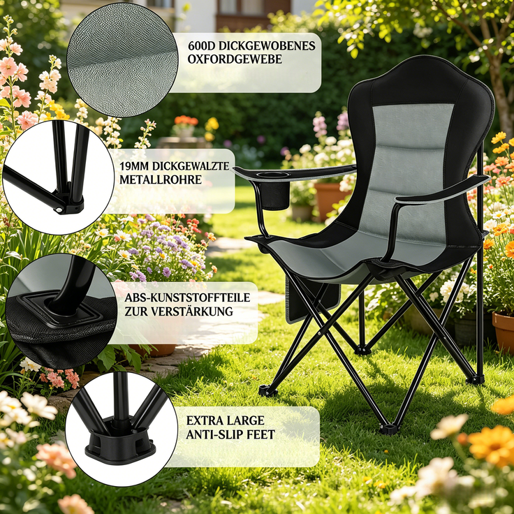 Klappstuhl im Freien mit Tassenhalter,Strandstuhl,Campingstuhl,Sonnenlieger (nur mit Strandstuhl)--Schwarz, Dunkelgrau--84x62x110cm--YOUDENOVA – Bild 4