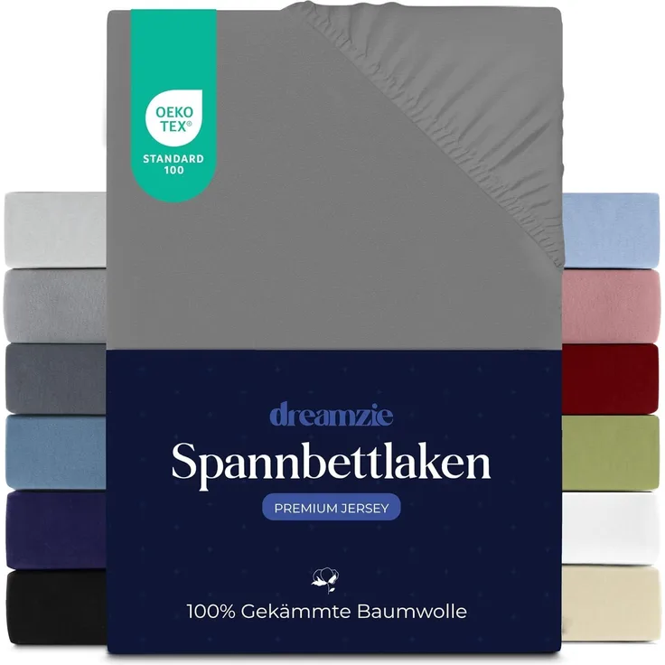 Dreamzie Premium Spannbettlaken 160x200 cm, Spannbetttuch für Dicke Matratzen bis zu 27 cm, Bettlaken 100% Jersey Baumwolle, 150 g/m², Oeko-TEX Zertifiziert - Anthrazit