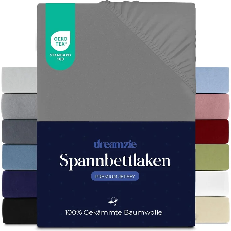 Dreamzie Premium Spannbettlaken 160x200 cm, Spannbetttuch für Dicke Matratzen bis zu 27 cm, Bettlaken 100% Jersey Baumwolle, 150 g/m², Oeko-TEX Zertifiziert - Anthrazit – Bild 1