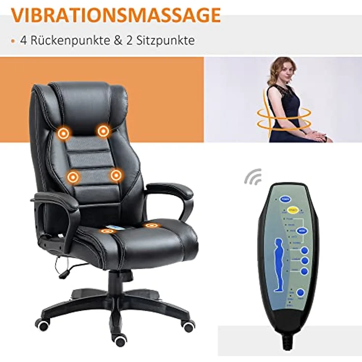 Vinsetto Massage-Bürostuhl, Schwarz, mit 4 Rücken- und 2 Sitzmassagepunkten, höhenverstellbar, Drehstuhl, 78x120x66 cm – Bild 4
