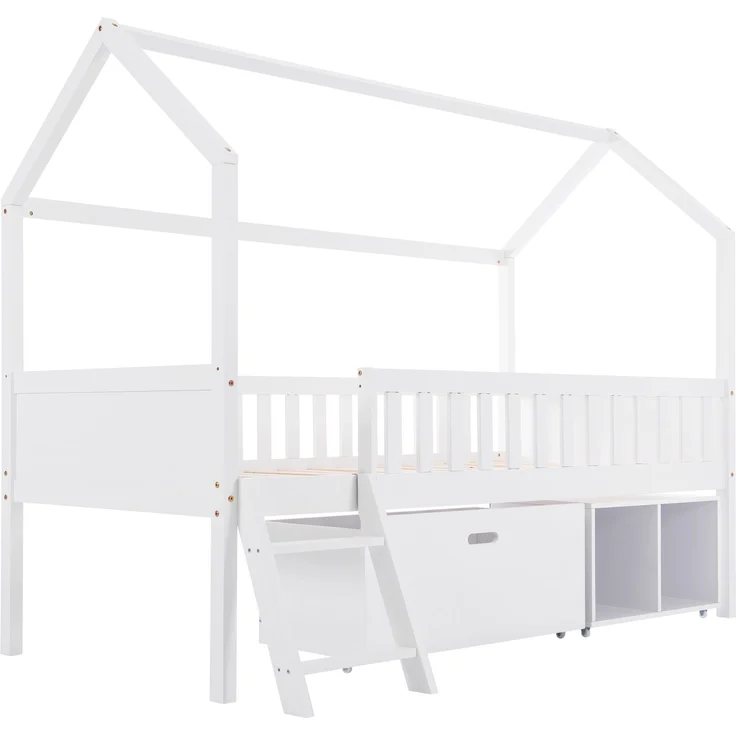 Merax Hausbett Kinderbett Jugendbett 200x90 Mit Schubladen und Ablagefächern Geeignet für Jungen und Mädchen Mit Anti-Drop-Geländer, Weiß (Ohne Matratze) – Bild 7
