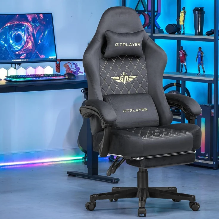 GTPLAYER Gaming Stuhl Stoff Gaming Chair Ergonomisch Bürostuh PC Stuhl, 150kg Belastbarkeit, Verstellbarer und Drehbarer Schreibtischstuh mit Federsitzkissen und Fußstütze, GRAU – Bild 8