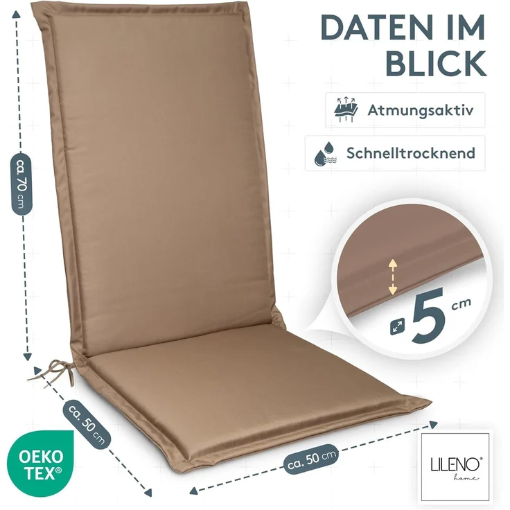 LILENO HOME Gartenstuhl Auflagen [1er Set - Hochlehner] in Taupe - bequeme Liegen als Sitzauflagen für Gartenmöbel - Stuhlkissen für Gartenstühle und Klappstühle MIA – Bild 2