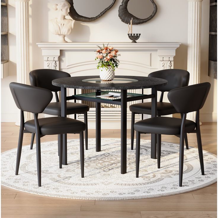Essgruppe mit rundem Tisch Ø 100x76 cm, Glasablage und PU-Sitzen, Schwarz – Bild 2