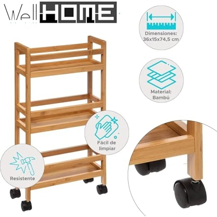 Well Home - Beistellwagen aus Bambus mit Rädern, 36 x 15 x 74,5 cm, 3 Ebenen, ideal für Küche, Bad und Büro, platzsparend – Bild 2