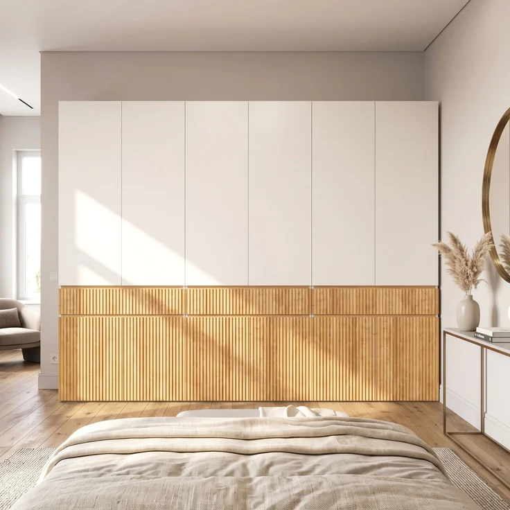 Kleiderschrank 270 x 50 x 200 cm aus MDF und Spanplatte, mit 12 Drehtüren, 3 Schubladen und 3 Kleiderstangen – Bild 1