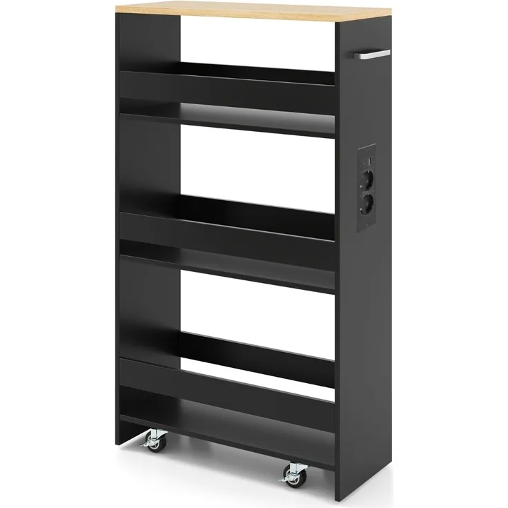 20 cm schlanker Aufbewahrungswagen mit Ladestation 4-stufiger rollbarer Küchenwagen mit Griff Schwarz