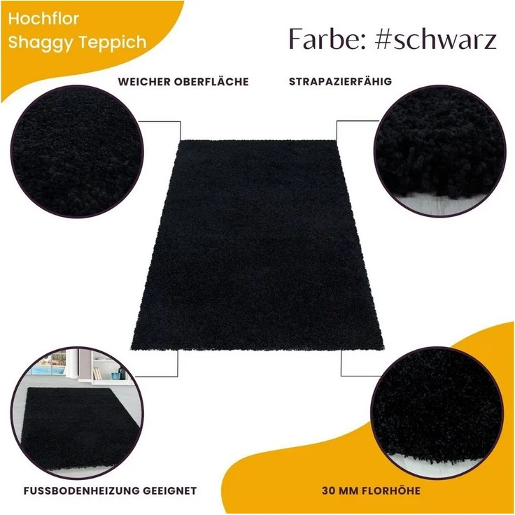 Teppium Teppich Unicolor - Einfarbig, Rechteckig, Höhe: 30 mm, Einfarbig Shaggy Teppich Wohnzimmer Langflor versch. farben und größen – Bild 3